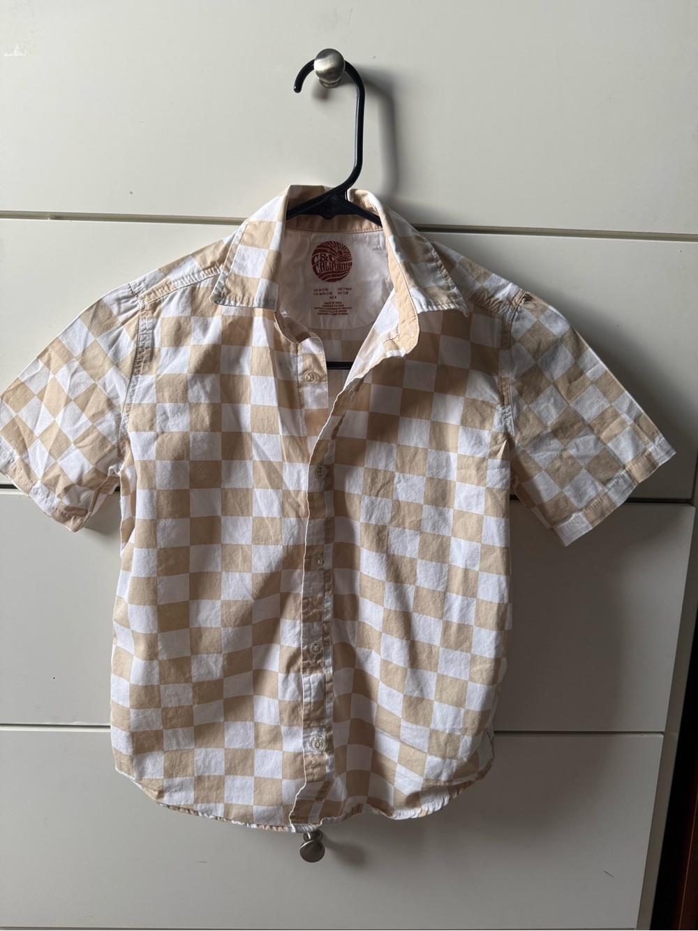 Boy’s Short-Sleeve Check Shirt in Beige and White